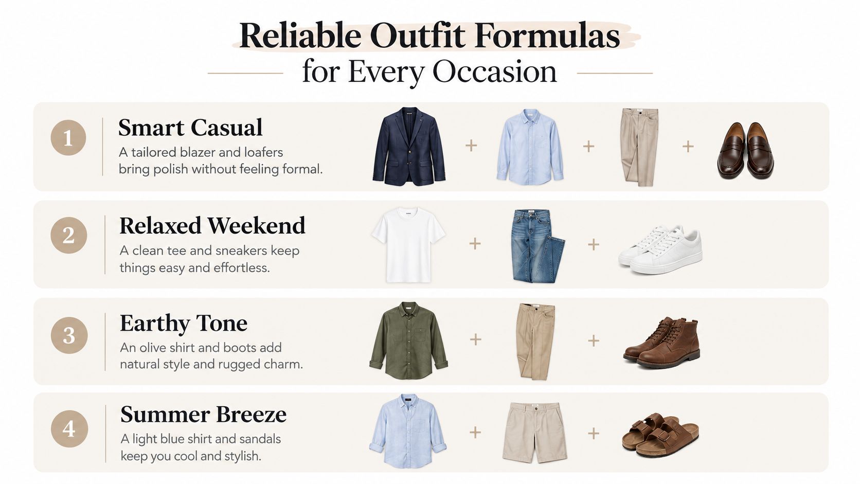 A guide showing four different outfit formulas with clothing items including shirts, blazers, pants, and shoes.
