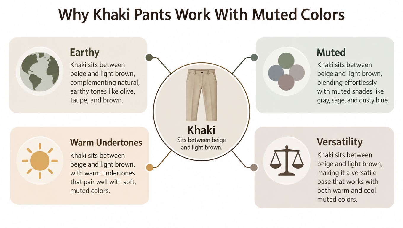 An infographic explaining why khaki pants pair well with muted colors, highlighting versatility, undertones, and earthy tones.
