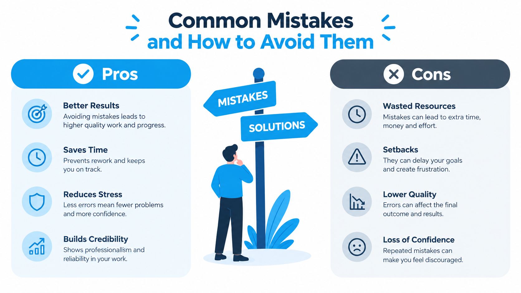 A professional infographic contrasting the pros of avoiding mistakes with the cons of making mistakes in work.