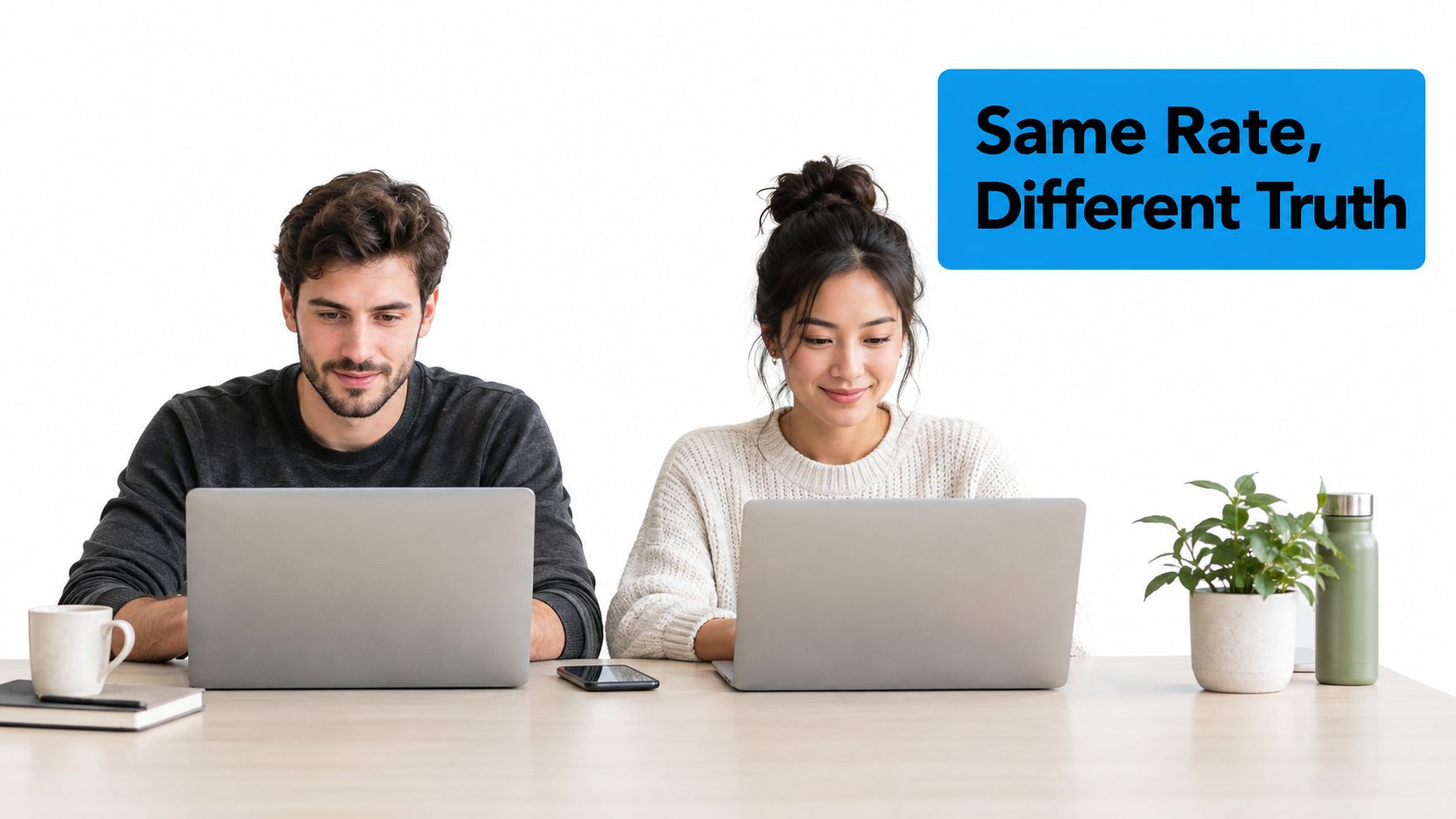 A man and woman working side by side on laptops with a text overlay saying Same Rate, Different Truth.