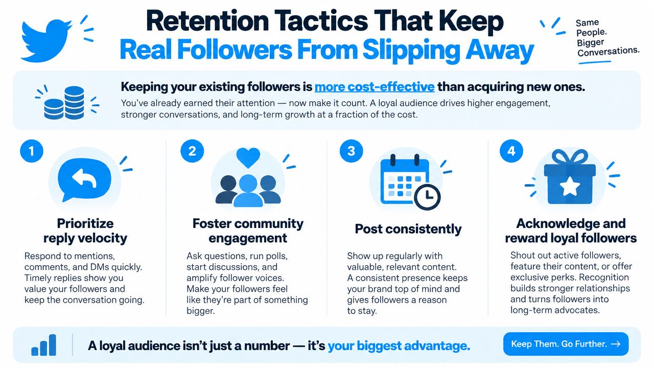 An infographic titled Retention Tactics That Keep Real Followers From Slipping Away, outlining four strategies for Twitter engagement.