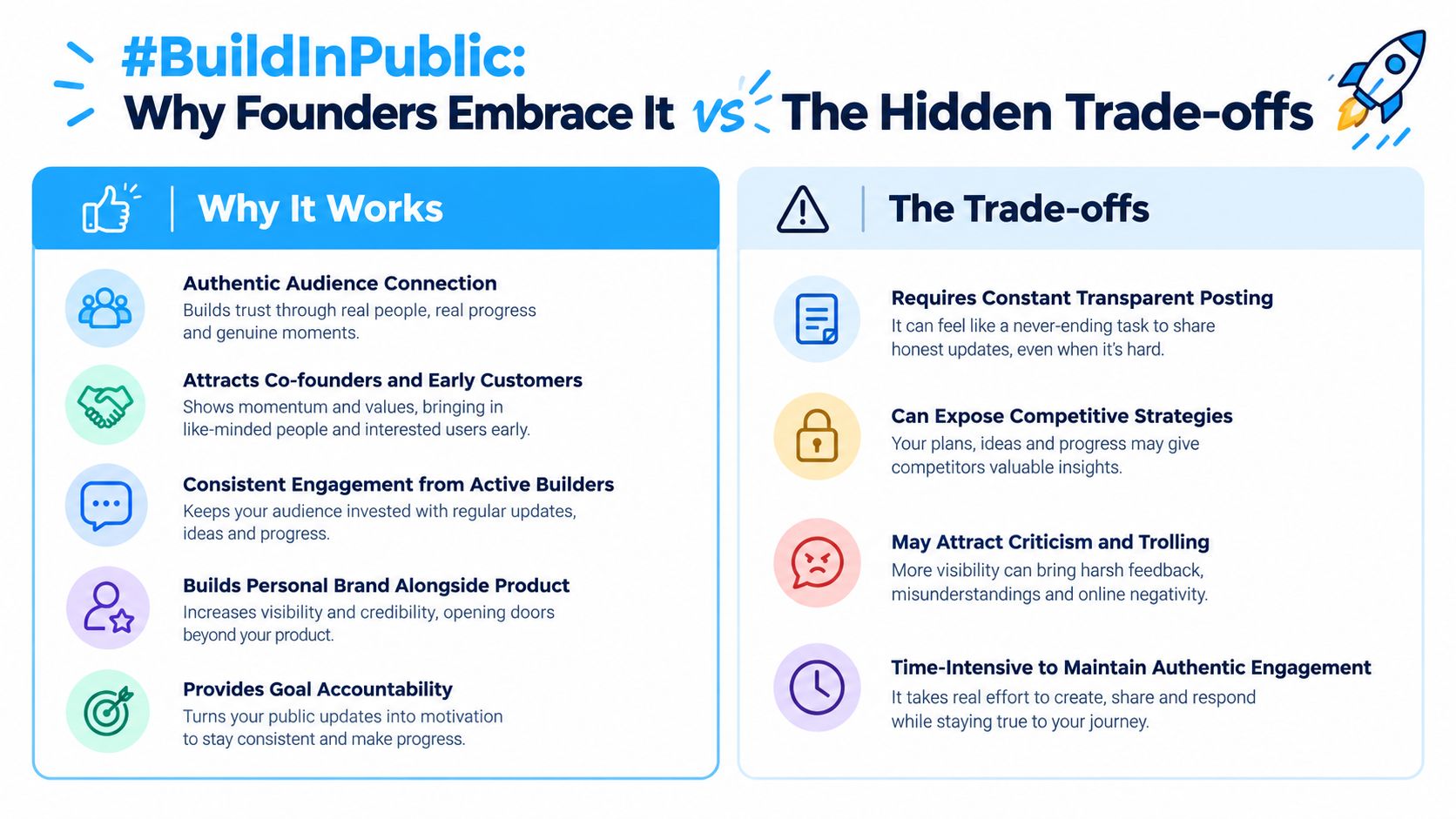 An infographic comparing the benefits of building in public versus the associated hidden trade-offs for founders.
