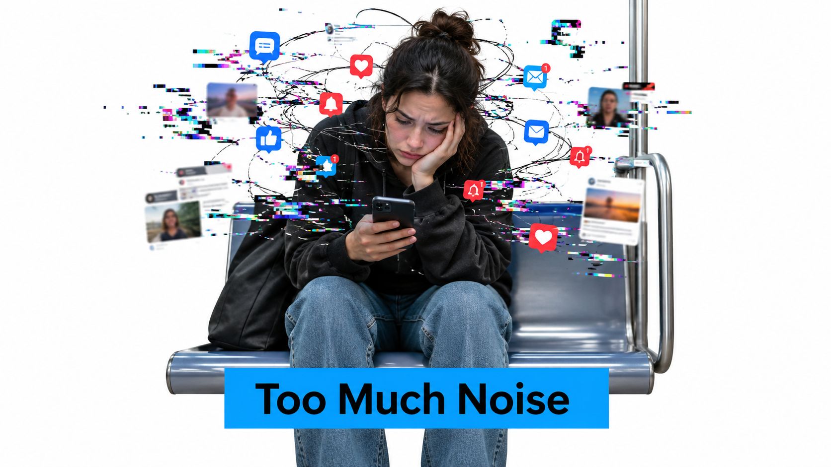 A young woman sits looking stressed while holding her smartphone surrounded by chaotic digital social media icons.
