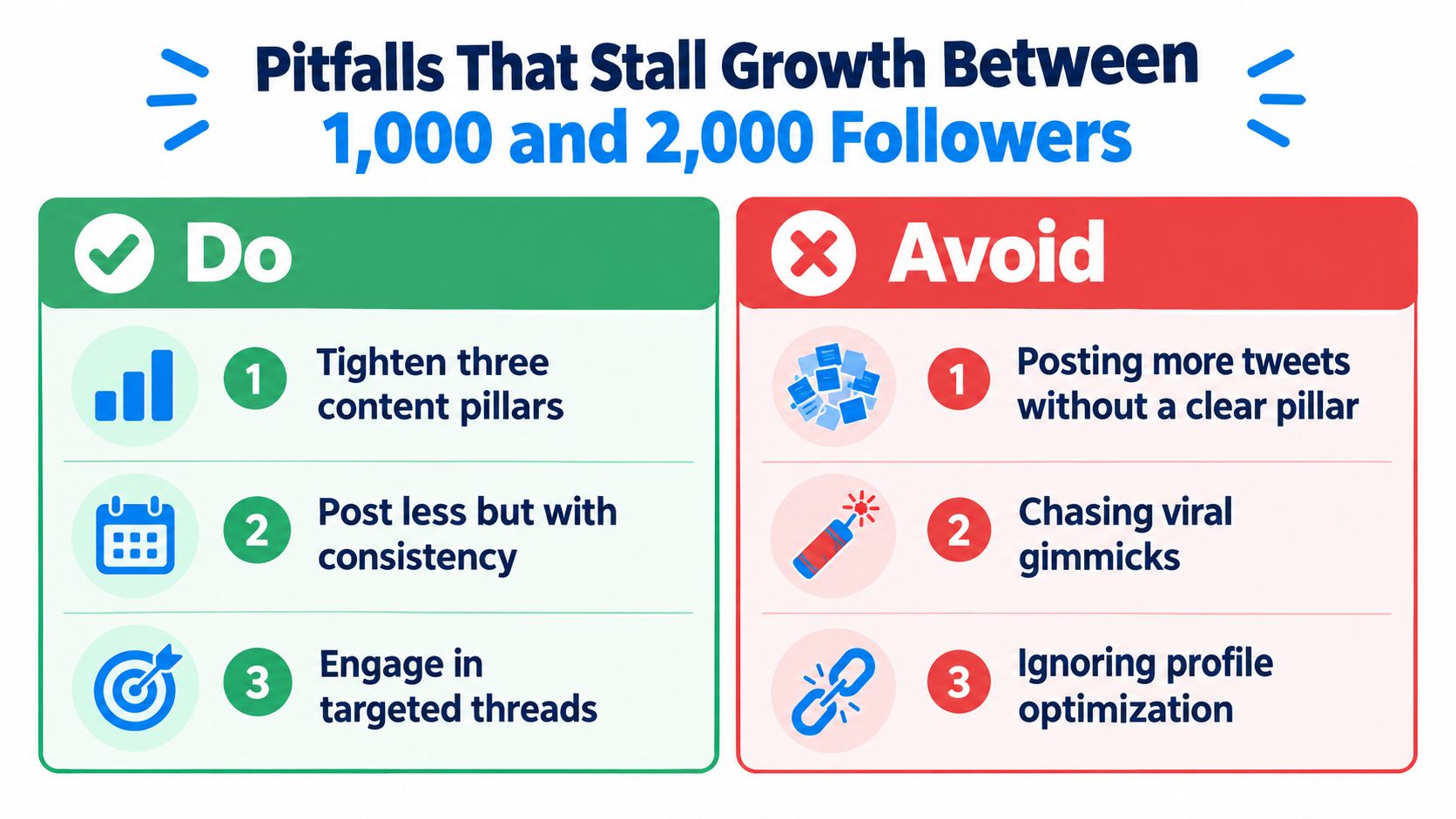 A graphic showing tips to overcome growth plateaus for Twitter accounts with 1,000 to 2,000 followers.