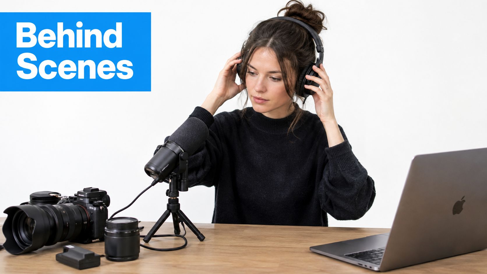 A young woman wearing headphones sits at a desk with a microphone, camera, and laptop for podcasting.
