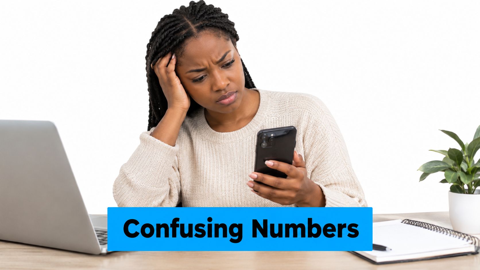 A concerned woman sitting at a desk with a laptop and phone, looking at confusing numbers.