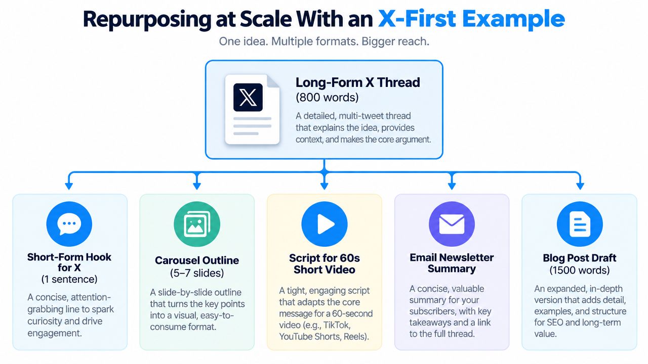 A diagram illustrating how to repurpose a long-form X thread into various content formats for broader reach.