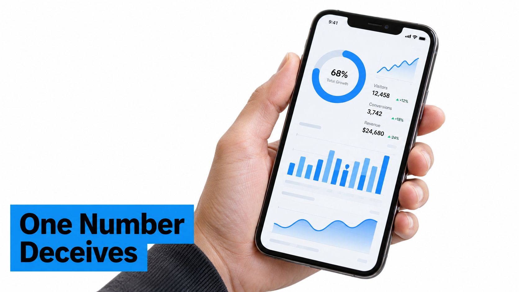 A hand holding a smartphone displaying business growth analytics, including charts, percentages, and performance metrics.