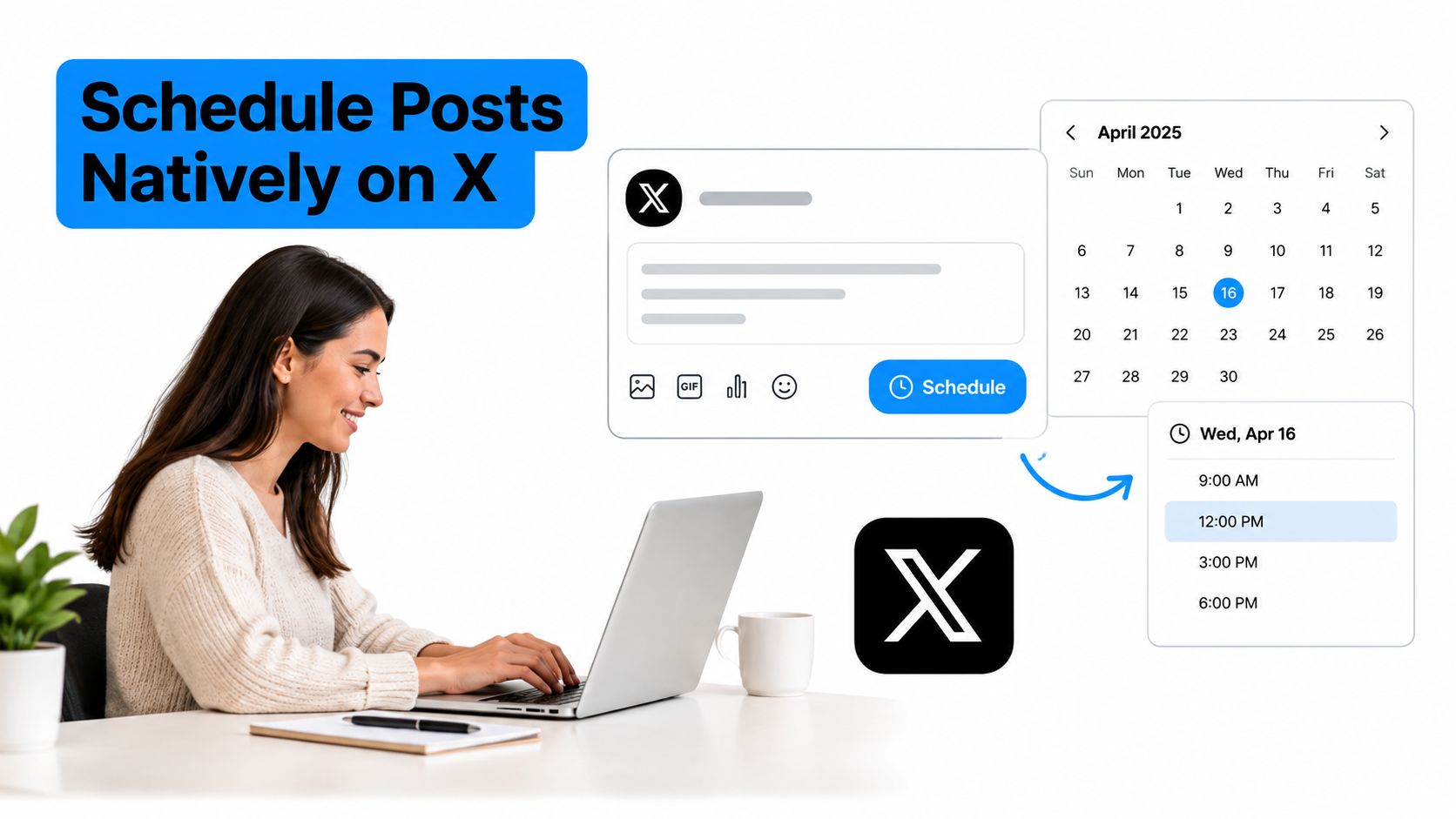 A woman using a laptop to schedule a post on X using the native calendar interface feature.