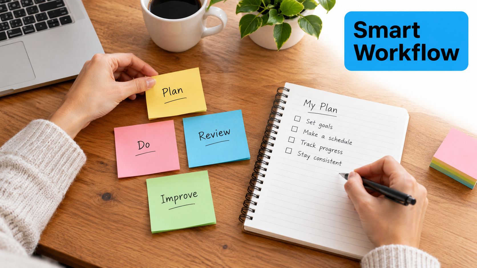 A person writing in a notebook on a wooden desk with colorful sticky notes showing workflow steps.