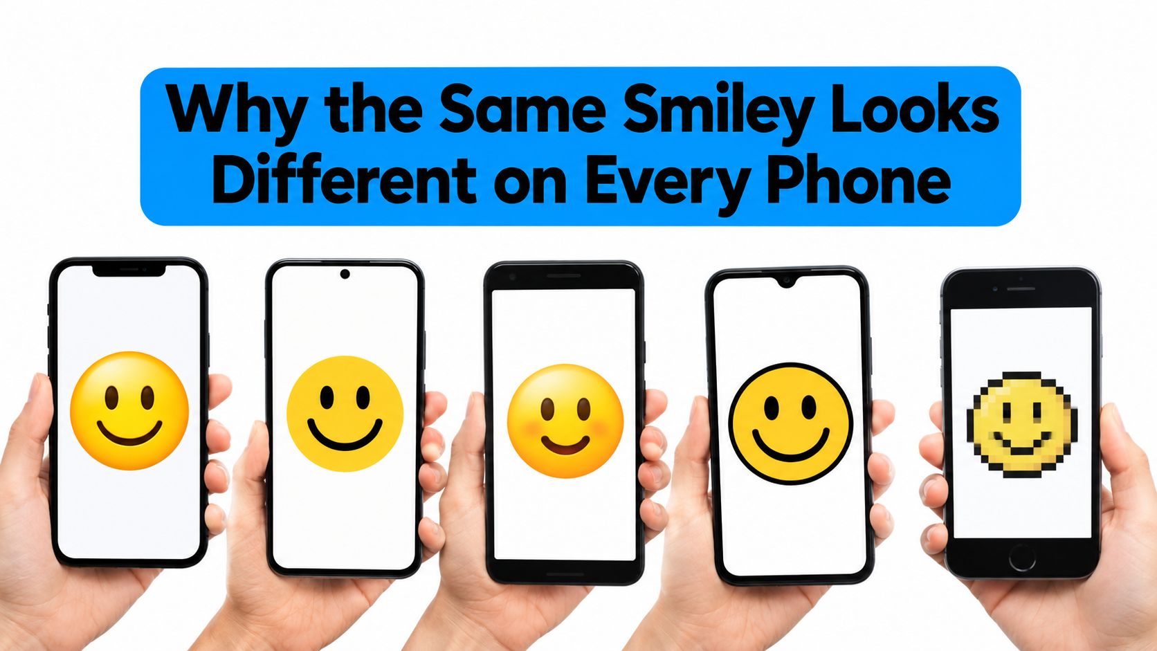 A hand holding a smartphone showing five different design versions of the same smiley face emoji.