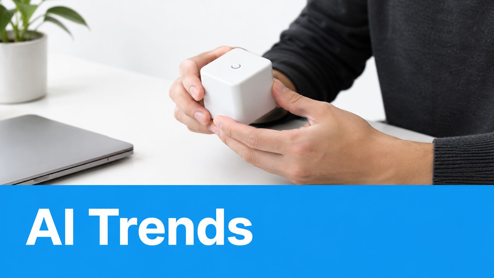 A person holding a small white cube device on a desk with a laptop and plant nearby.