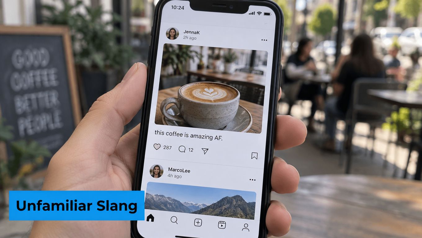 A close-up shot of a person holding a smartphone displaying an Instagram feed with coffee photography.