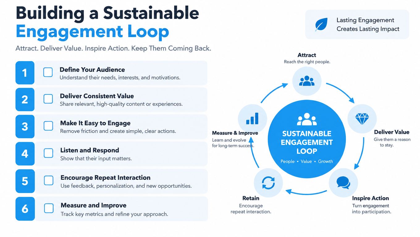 A diagram illustrating a six-step process for building a sustainable engagement loop for audience growth and retention.