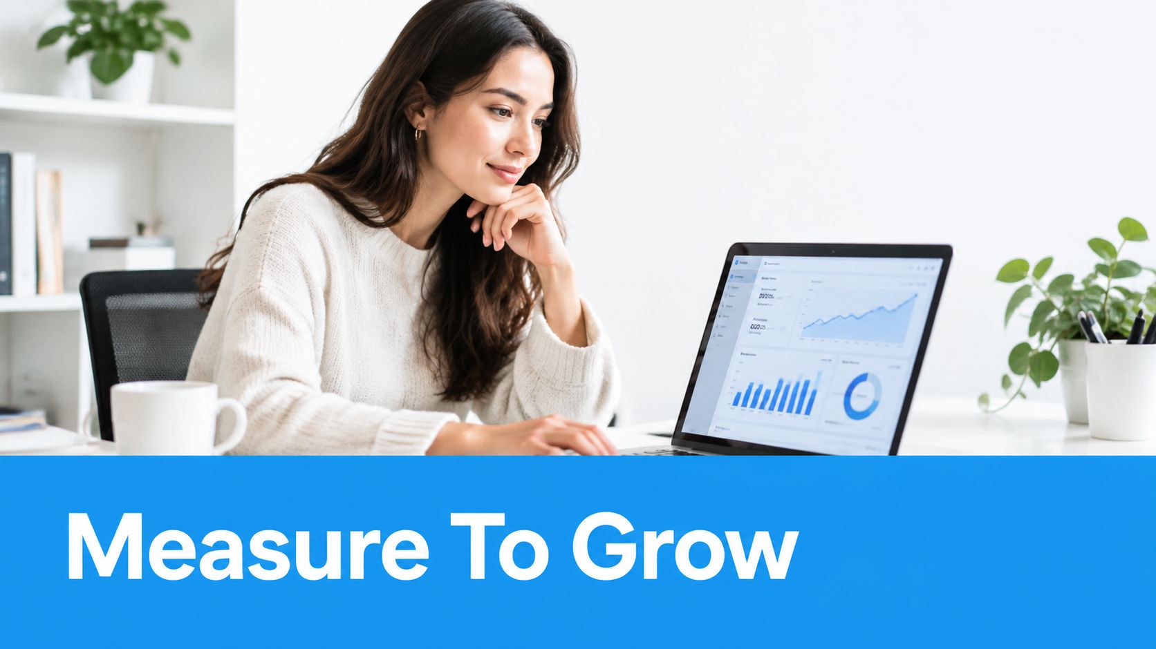 A young woman working on her laptop analyzing business data charts while sitting at her desk.