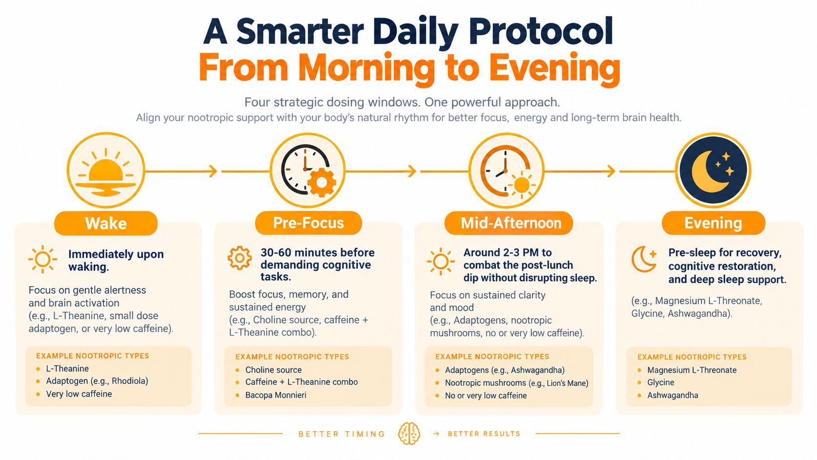 A daily protocol chart for taking nootropics from wake-up until evening to optimize energy and focus.