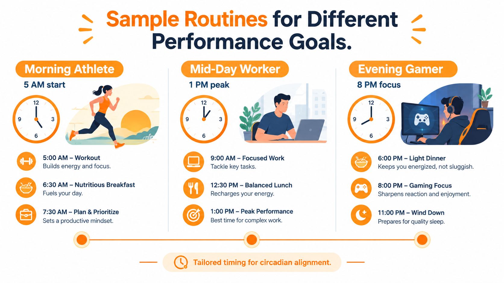 A graphic showing sample daily routines for a morning athlete, mid-day worker, and evening gamer for circadian alignment.