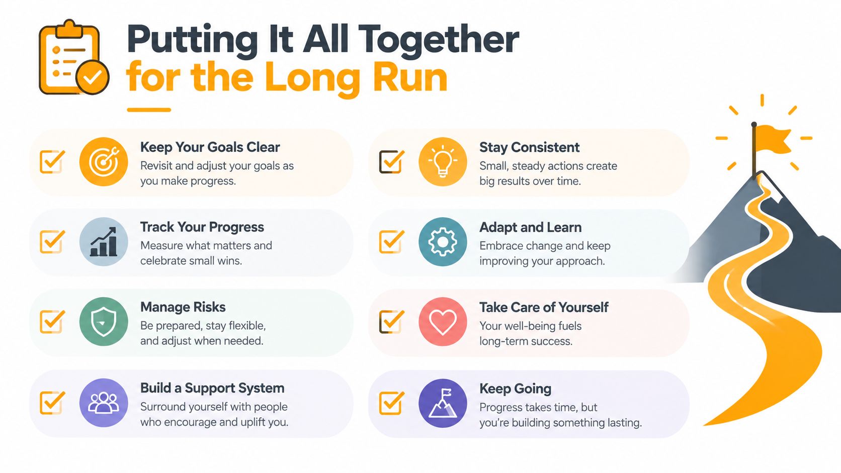 An infographic titled Putting It All Together for the Long Run listing eight essential steps for success.