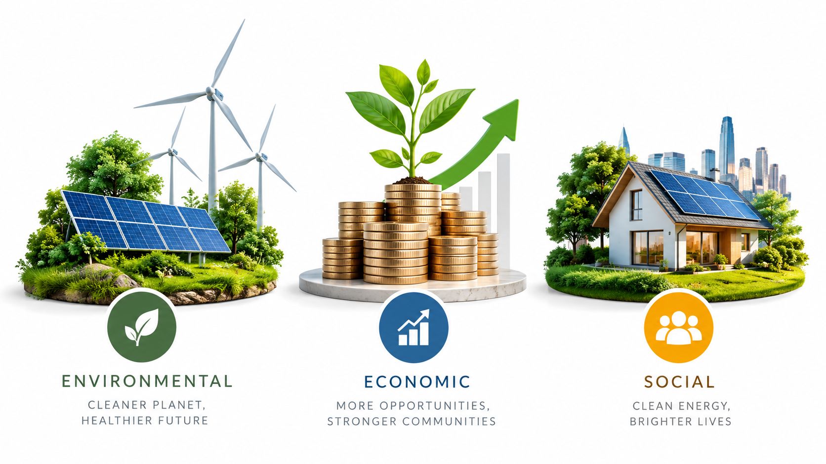 A graphic illustration representing environmental, economic, and social sustainability through renewable energy, growth, and community icons.