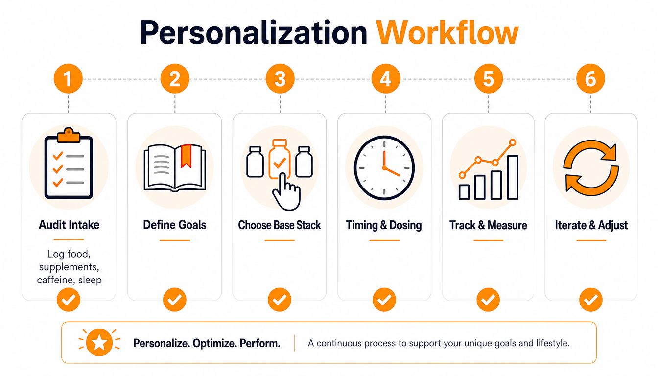 A six-step infographic illustrating a personalized biohacking workflow to track and optimize health through supplementation.