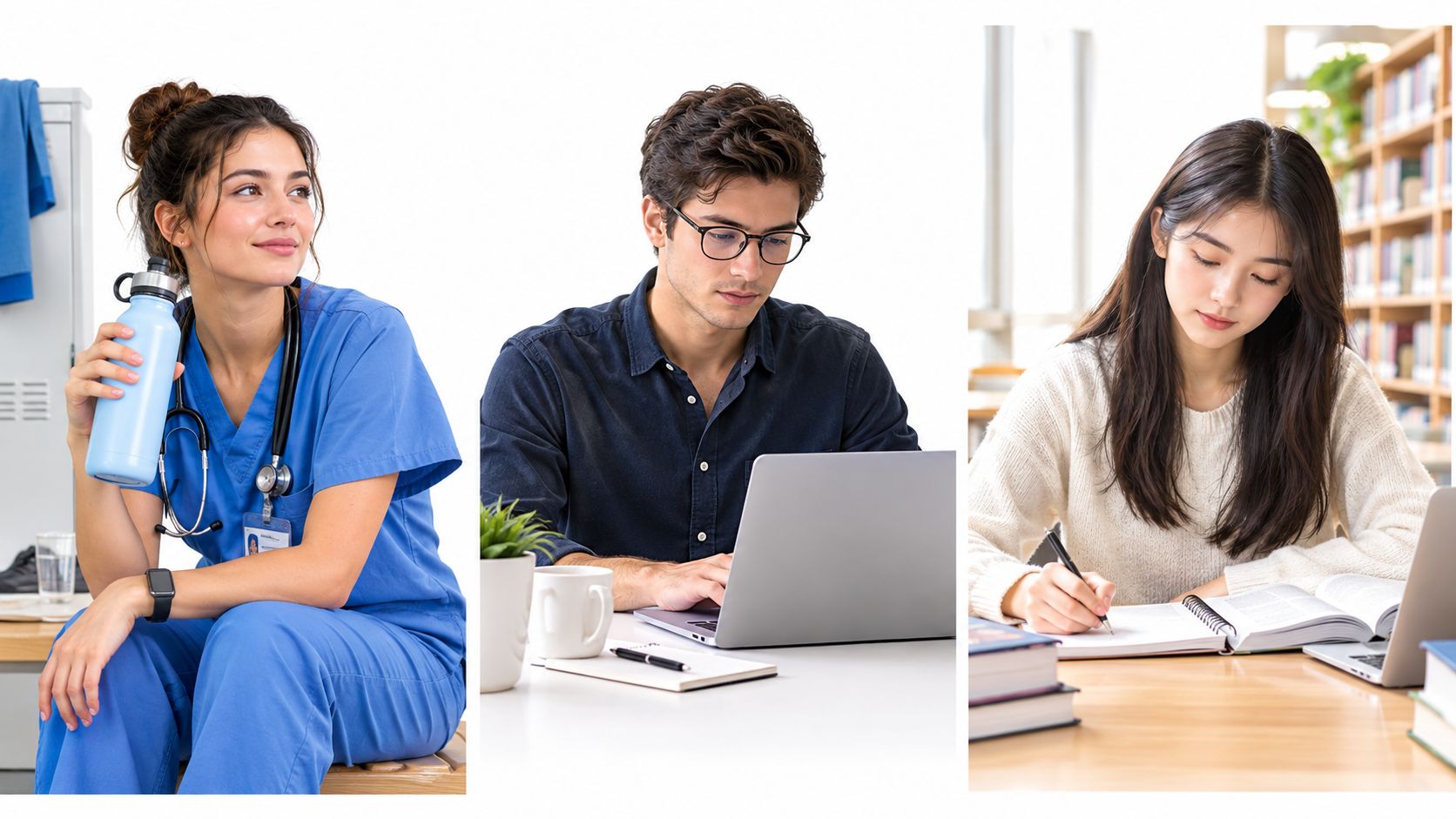 A collage showing a nurse with a water bottle, a student using a laptop, and a student studying.
