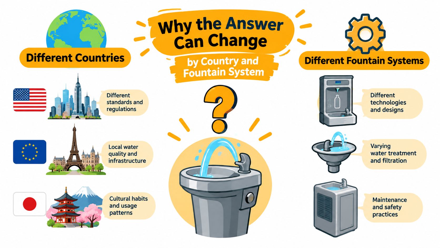 An infographic explaining how water fountain standards, technology, and maintenance vary by country and specific system type.