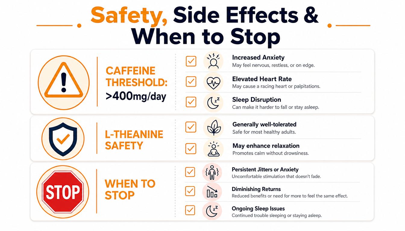 A safety infographic detailing caffeine thresholds, L-Theanine benefits, and indicators for when to stop taking cognitive performance supplements.