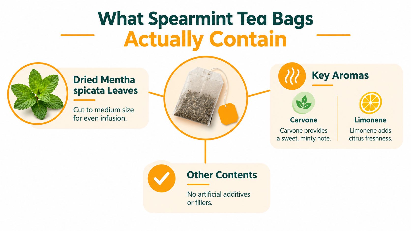 An infographic detailing the contents of spearmint tea bags, including dried Mentha spicata leaves and aromas.