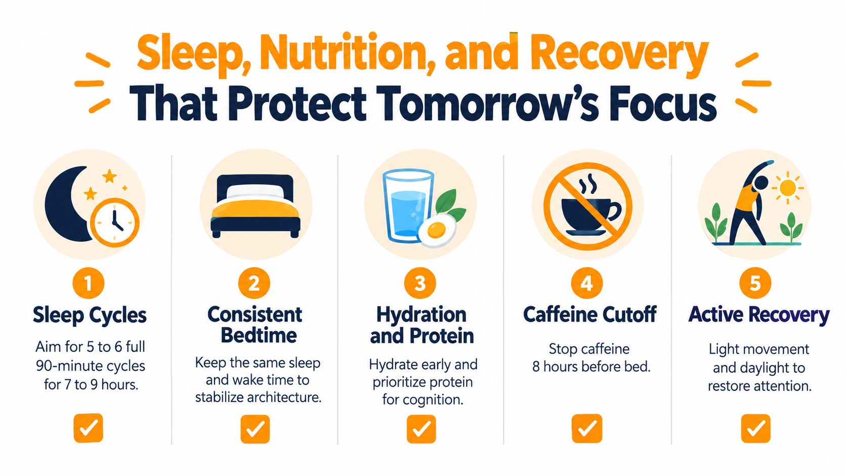 An infographic titled Sleep, Nutrition, and Recovery That Protect Tomorrow's Focus, listing five healthy lifestyle habits.