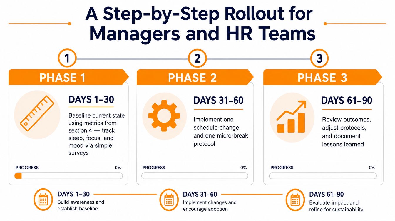 A three-phase roadmap chart outlining a 90-day rollout strategy for managers and HR teams to improve productivity.