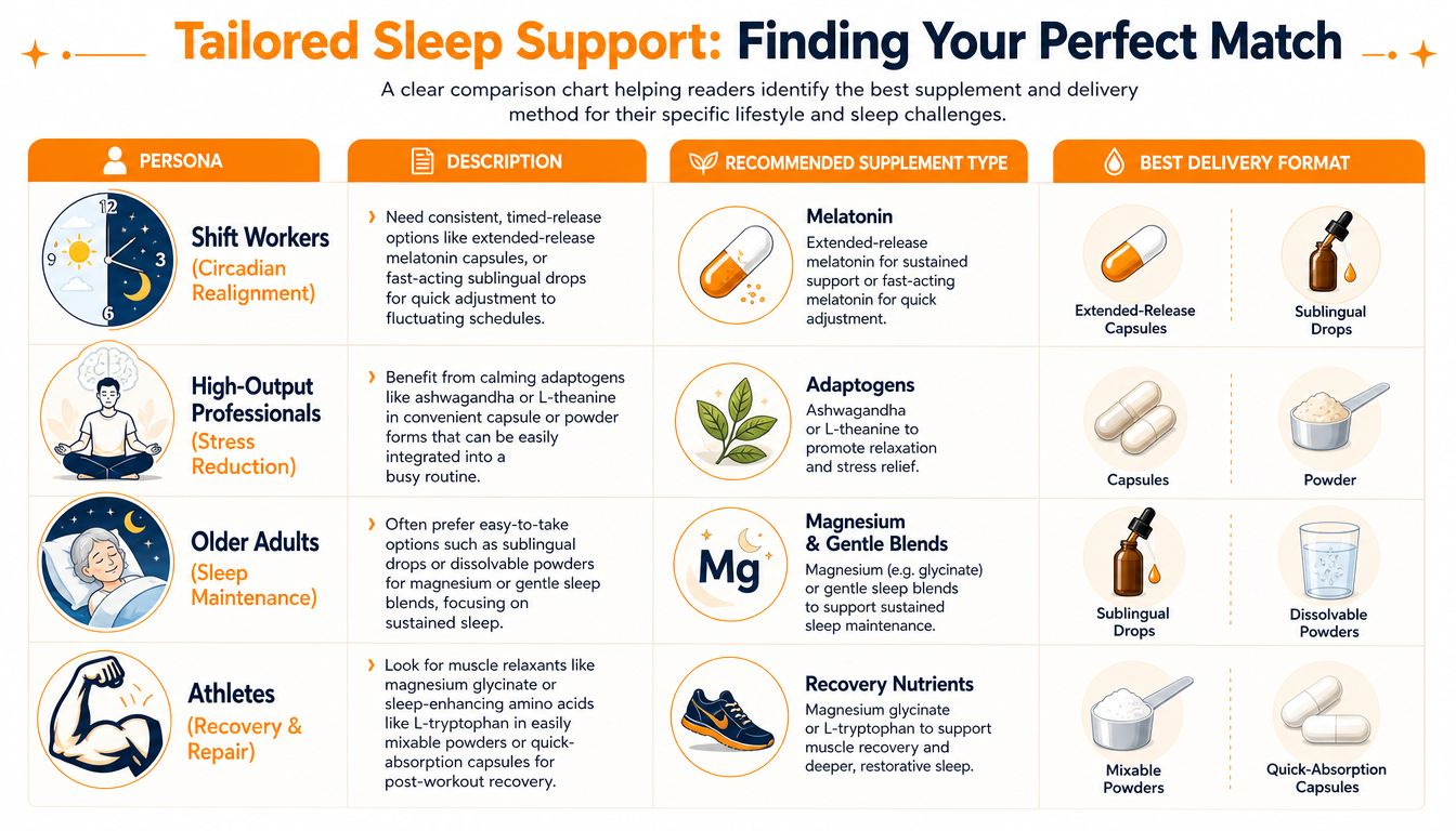 A comparison chart matching different lifestyles and sleep challenges with recommended supplements and delivery methods.