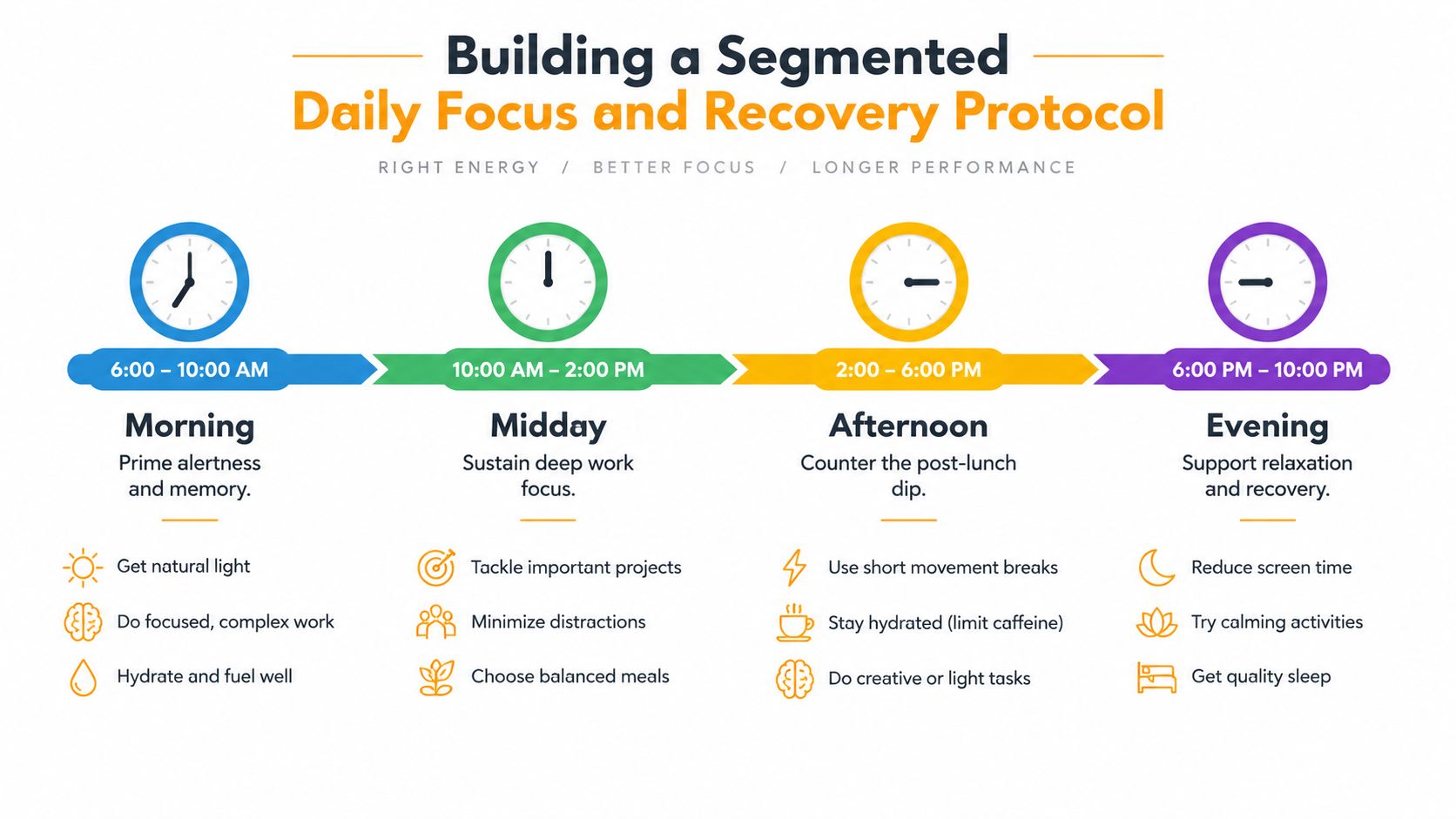 A diagram outlining a daily focus and recovery protocol with scheduled segments for morning, midday, afternoon, and evening.
