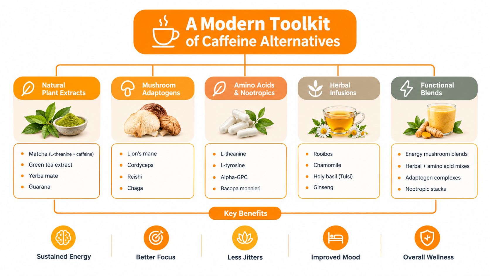 A visual guide outlining various natural caffeine alternatives including plant extracts, mushrooms, amino acids, and herbal blends.