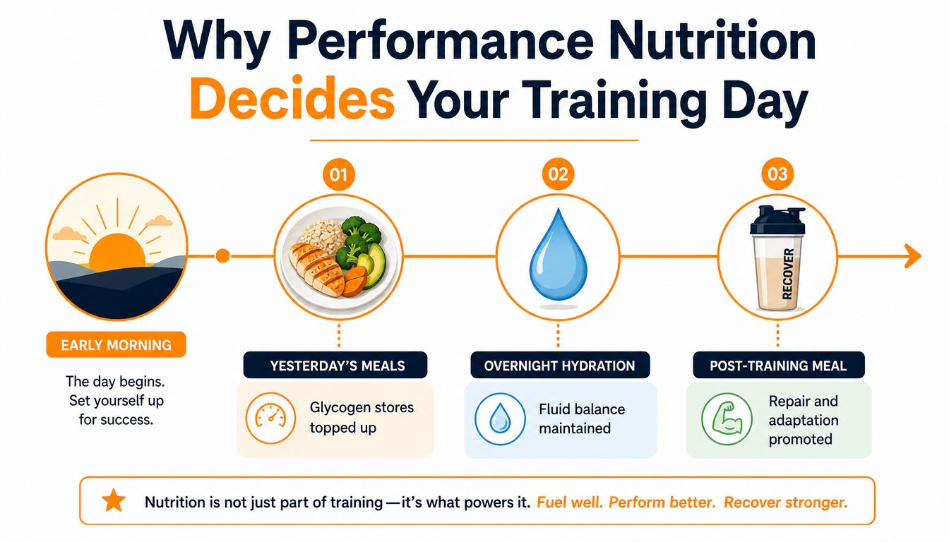 A timeline graphic illustrating how nutrition, hydration, and recovery meals optimize athletic performance throughout the day.