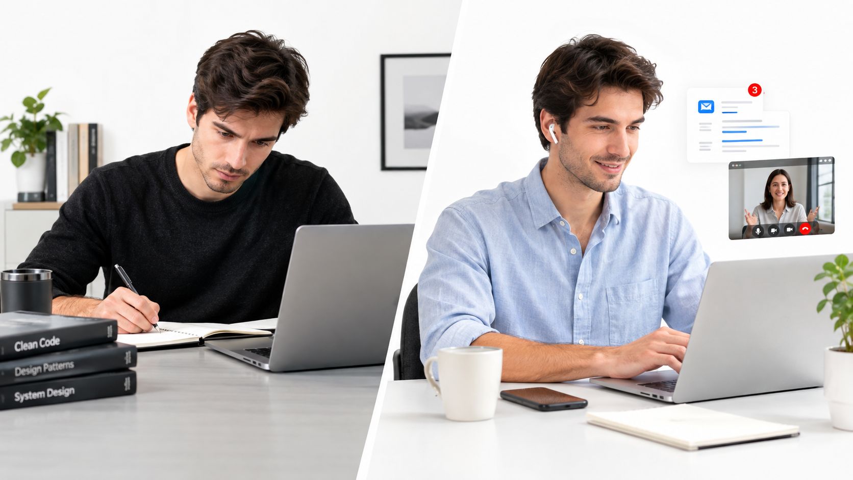 A split screen comparing a focused man doing deep work versus a multitasking man doing shallow work.