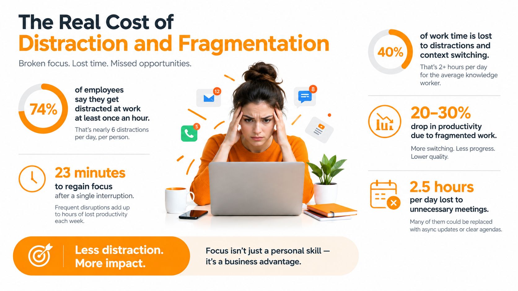 A woman looking stressed at her laptop, surrounded by infographics illustrating the productivity costs of workplace distractions.