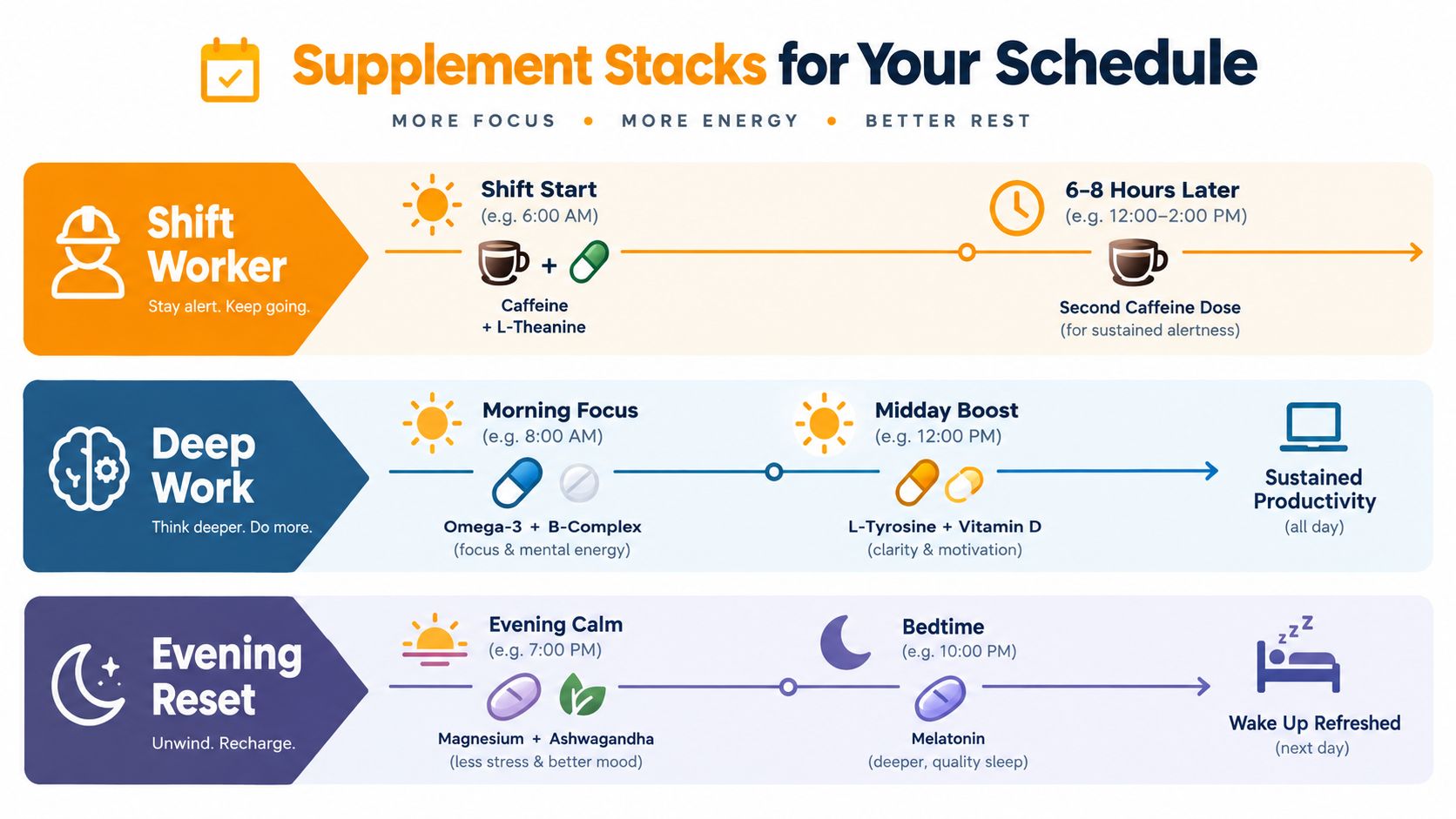 An infographic showing recommended daily supplement stacks for shift workers, deep work productivity, and evening relaxation schedules.