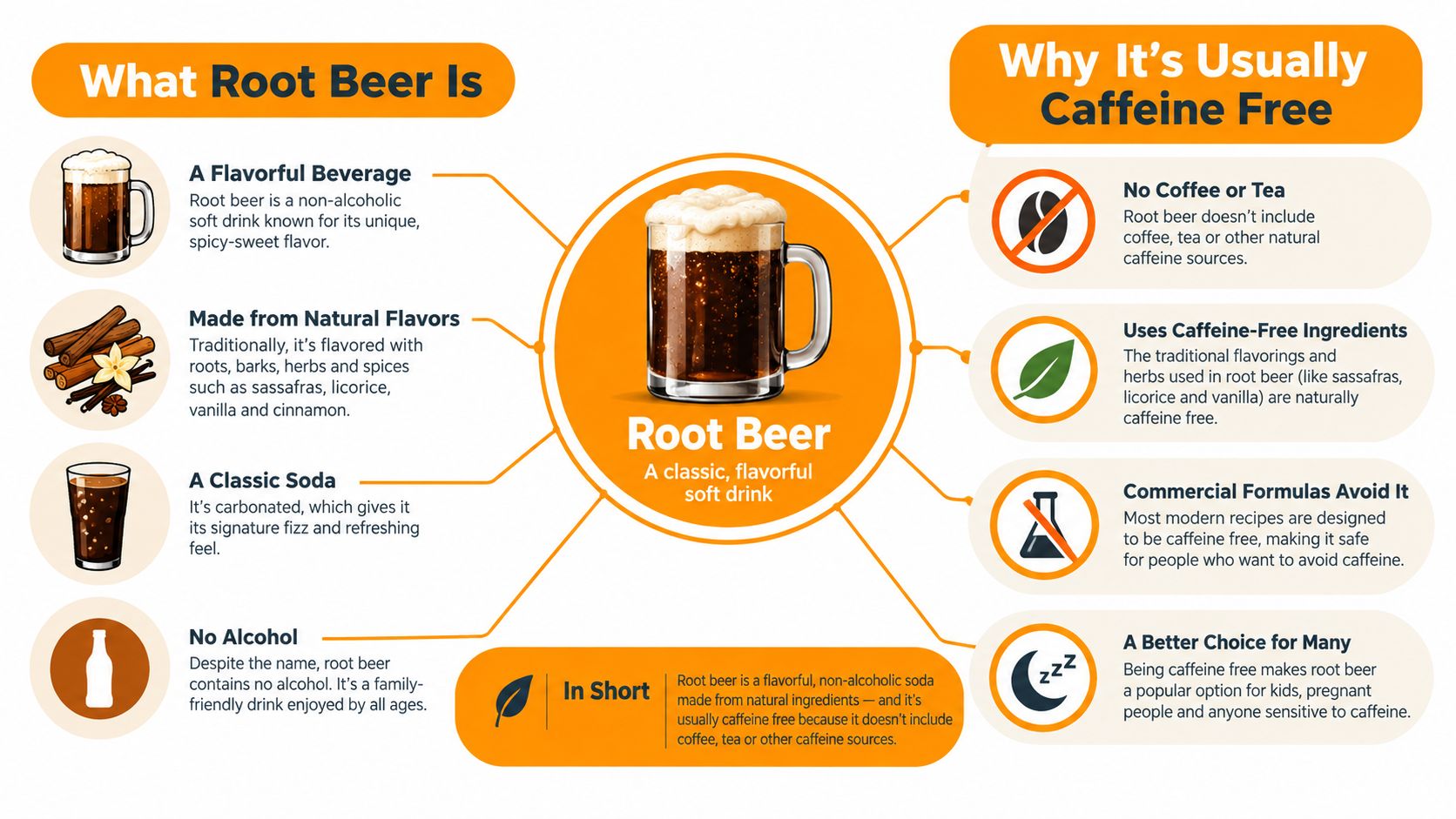 An infographic titled What Root Beer Is and Why It Is Usually Caffeine Free with helpful illustrations.
