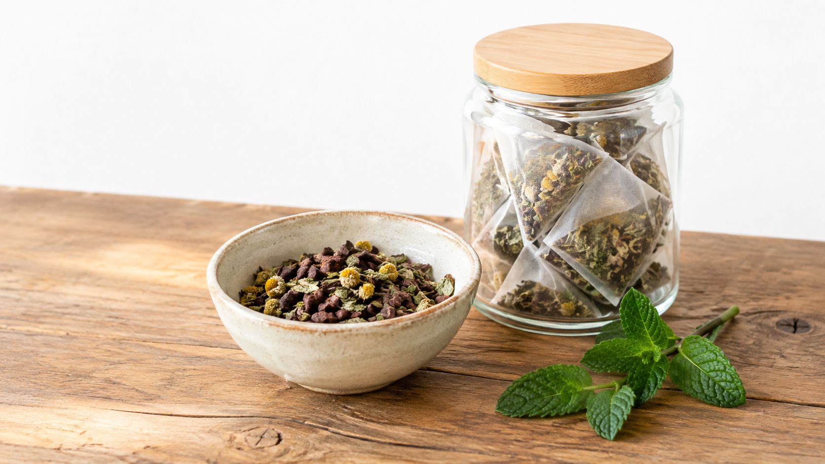 A ceramic bowl of loose herbal tea mix beside a glass jar of tea bags and fresh mint.