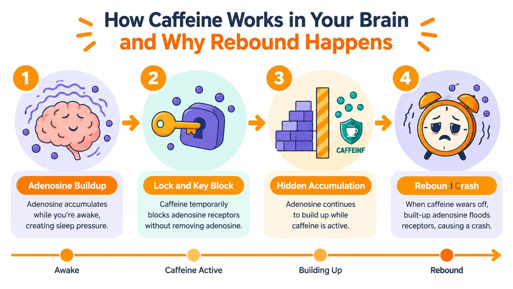 An infographic showing the four stages of how caffeine affects the brain and causes a rebound crash.