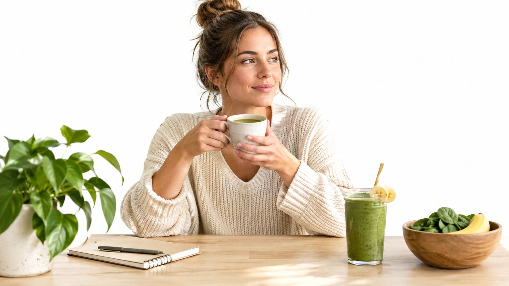 A woman holding a mug of green matcha tea at a desk with a smoothie and spinach
