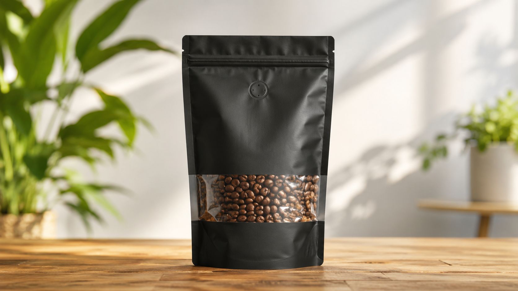 A black matte coffee pouch with a clear window filled with roasted coffee beans on a wooden table.
