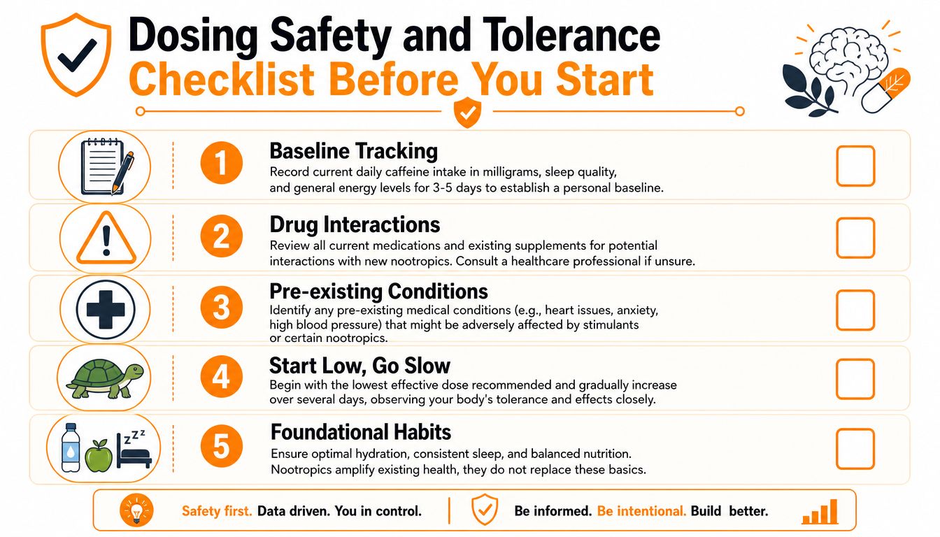 A safety checklist infographic for starting nootropics, detailing five essential steps for tracking and health monitoring.