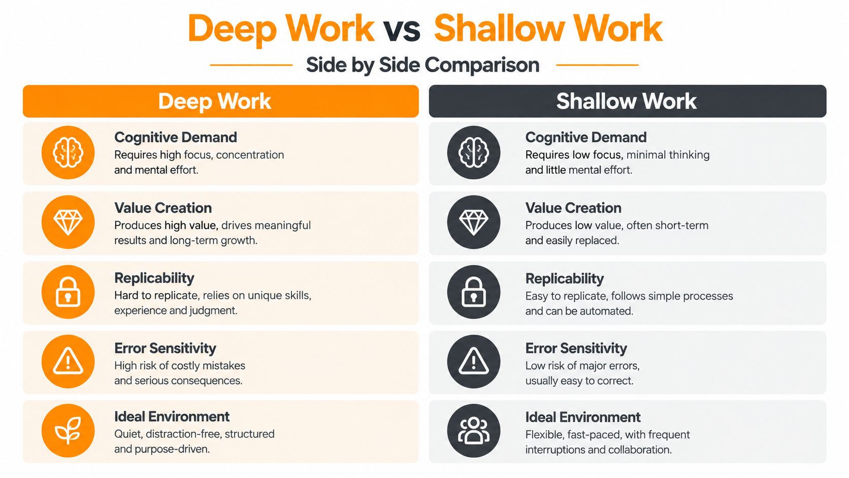 A comparison chart outlining the key differences between deep work and shallow work across various professional criteria.