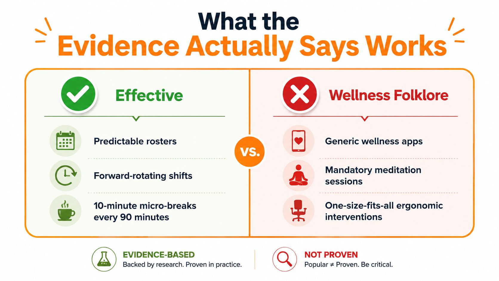 A comparison chart showing evidence-based effective workplace strategies versus popular but unproven wellness folklore interventions.