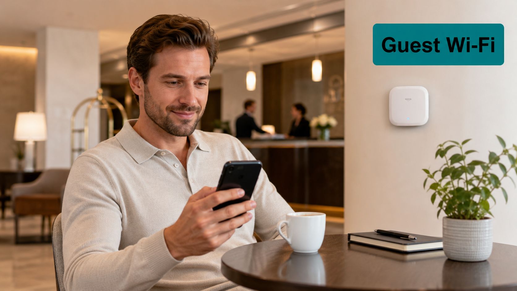 A man sitting at a hotel table using his smartphone near a mounted guest Wi-Fi access point.