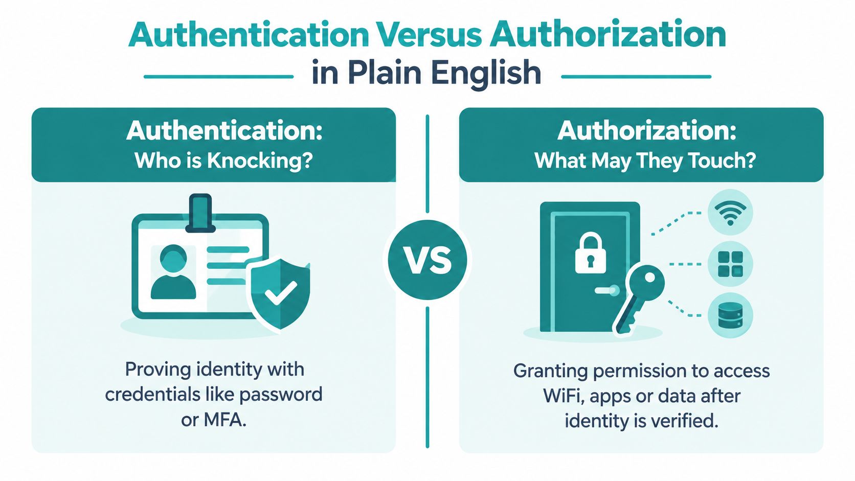 A diagram contrasting authentication and authorization as proving identity versus granting access to specific digital resources.