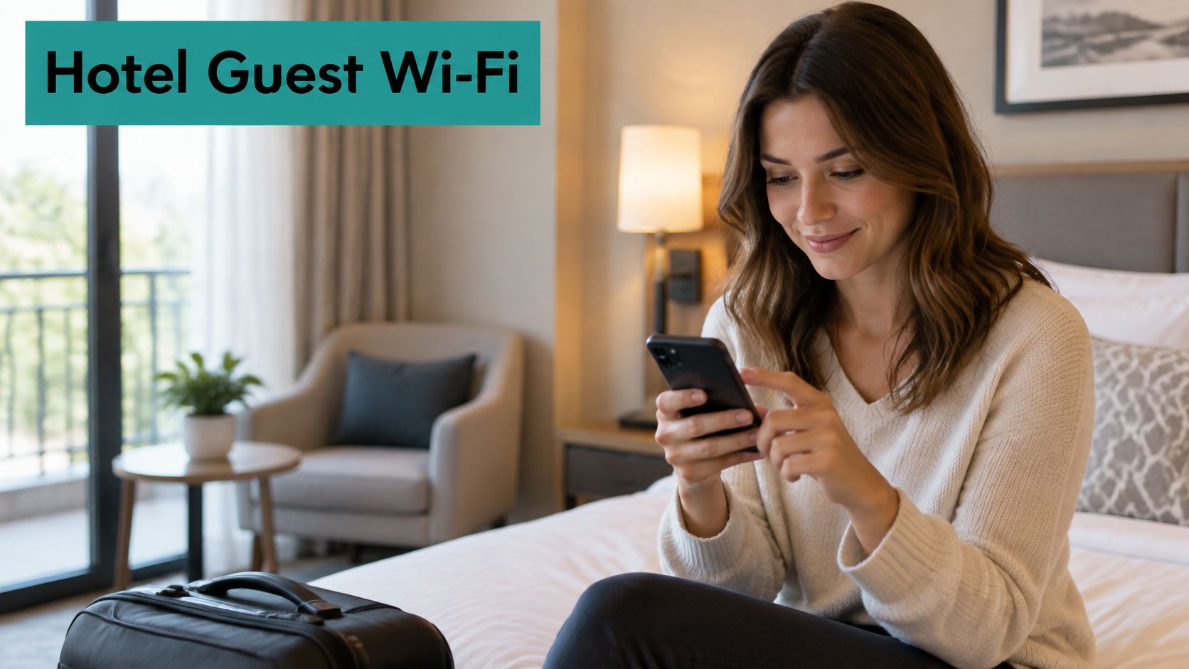 A woman sits on a hotel bed smiling while using her smartphone with Wi-Fi connectivity.