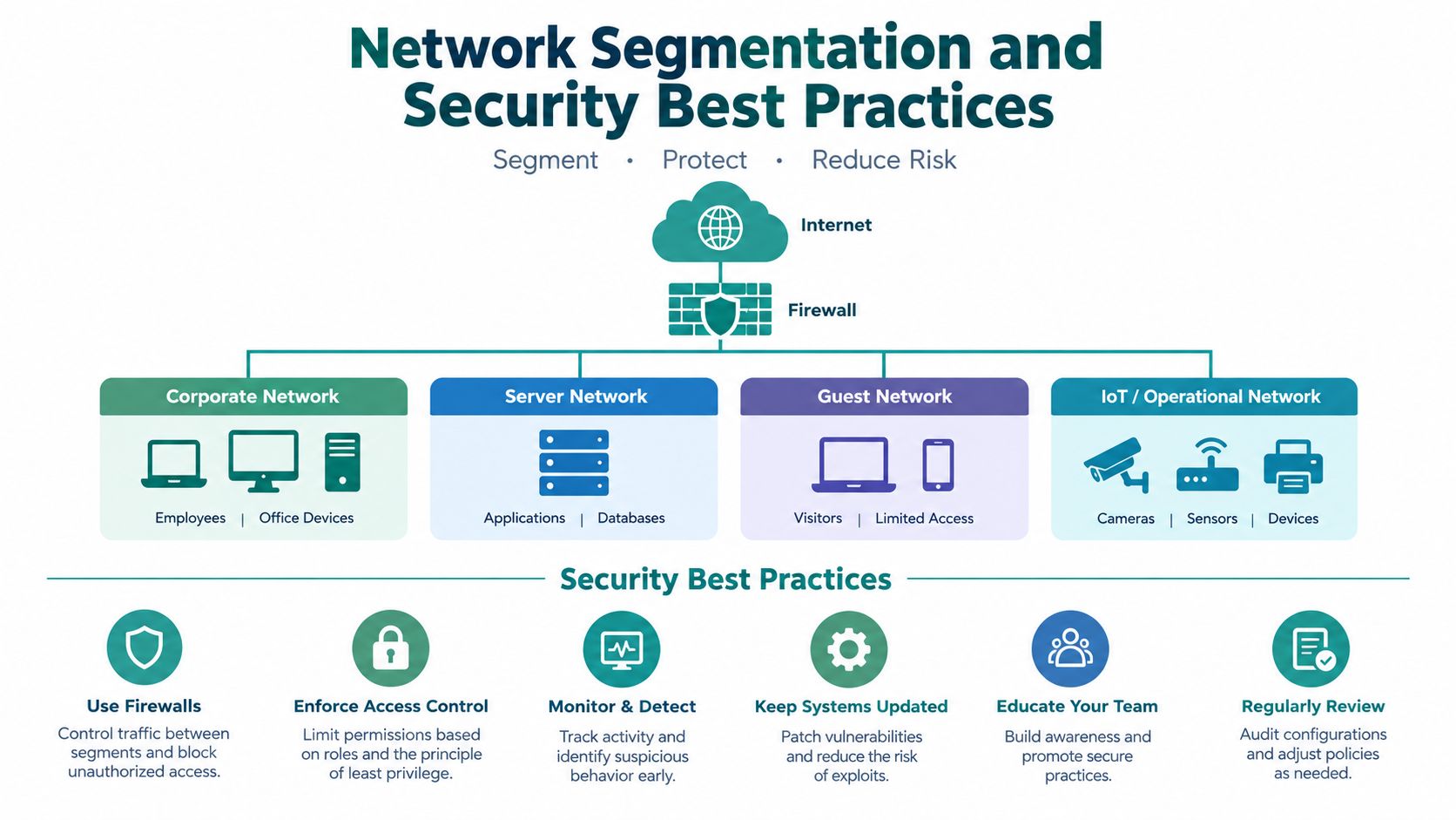 A diagram illustrating network segmentation and security best practices for corporate, server, guest, and IoT networks.