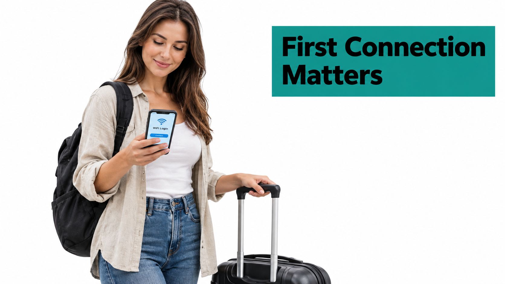 A smiling young female traveler with a backpack and suitcase using a phone for hotel wifi login.